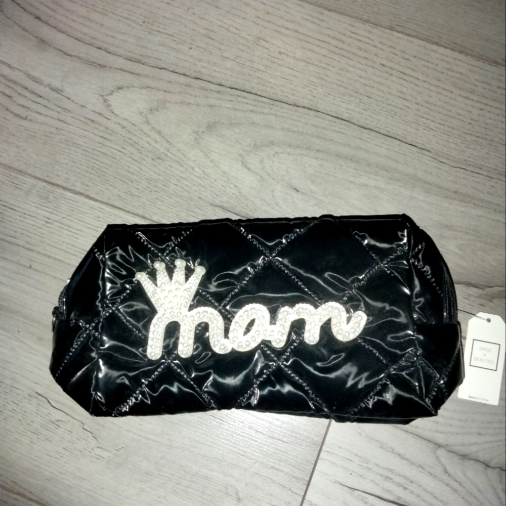 Small puffy shiny clutch or makeup bag Mom embroidered in beads NWT